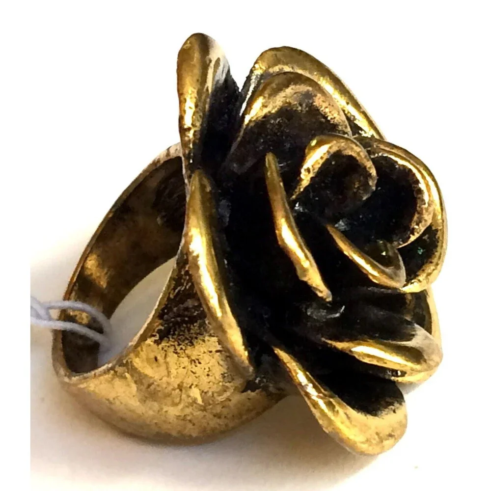 Vtg Gold Tone Rose Flower Bloom Cocktail Ring Size 6 7 8 Chunky Statement Boho